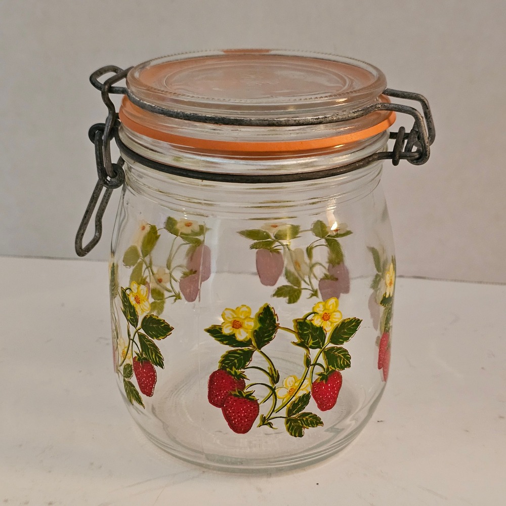 Arc‎ France Vintage Strawberry Glass Canister Swing Top Bail Lid Jar 5.5in Retro
